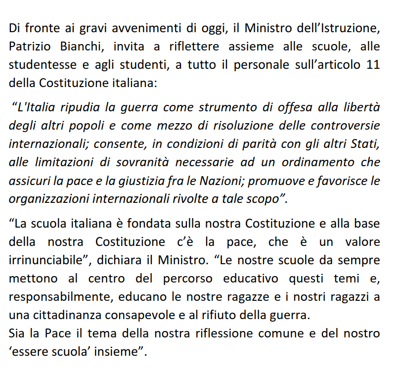 Ucraina, il Ministro Patrizio Bianchi invita tutte le scuole a riflettere sull’ articolo 11 della Costituzione: l’Italia ripudia la guerra